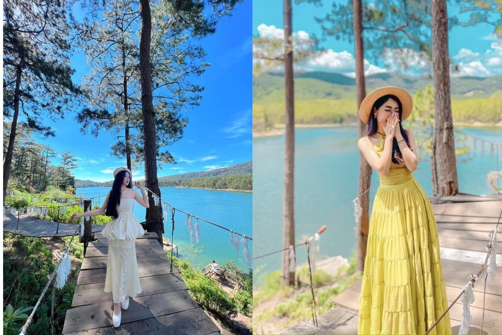 Chiếc cầu gỗ nhỏ, những hàng thông cao vút và mặt nước trong veo tạo nên một bức tranh thiên nhiên lãng mạn, đầy chất thơ